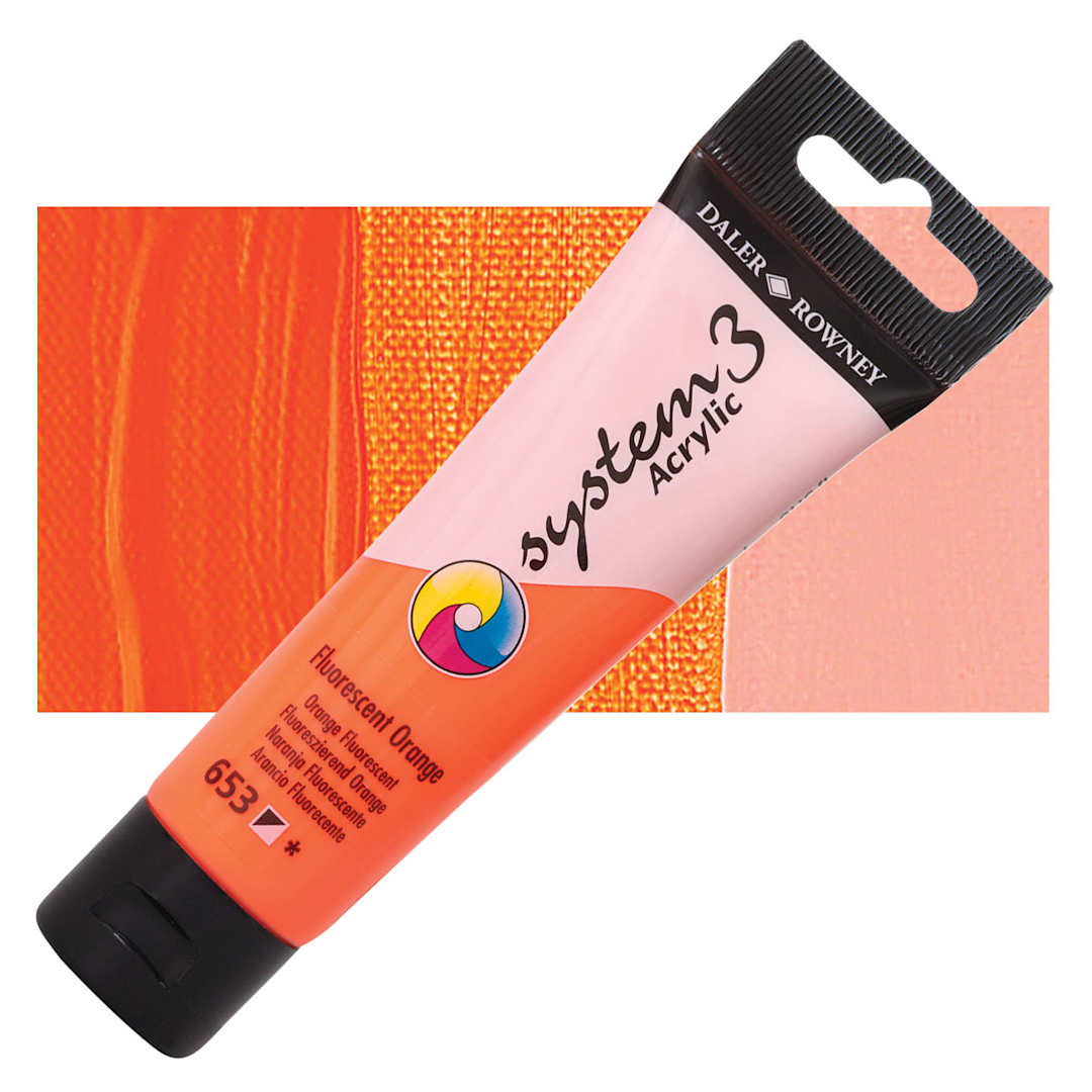Open in modal - Daler-Rowney System3 Acrylic - Fluoresent Orange, 59 ml tube and swatch