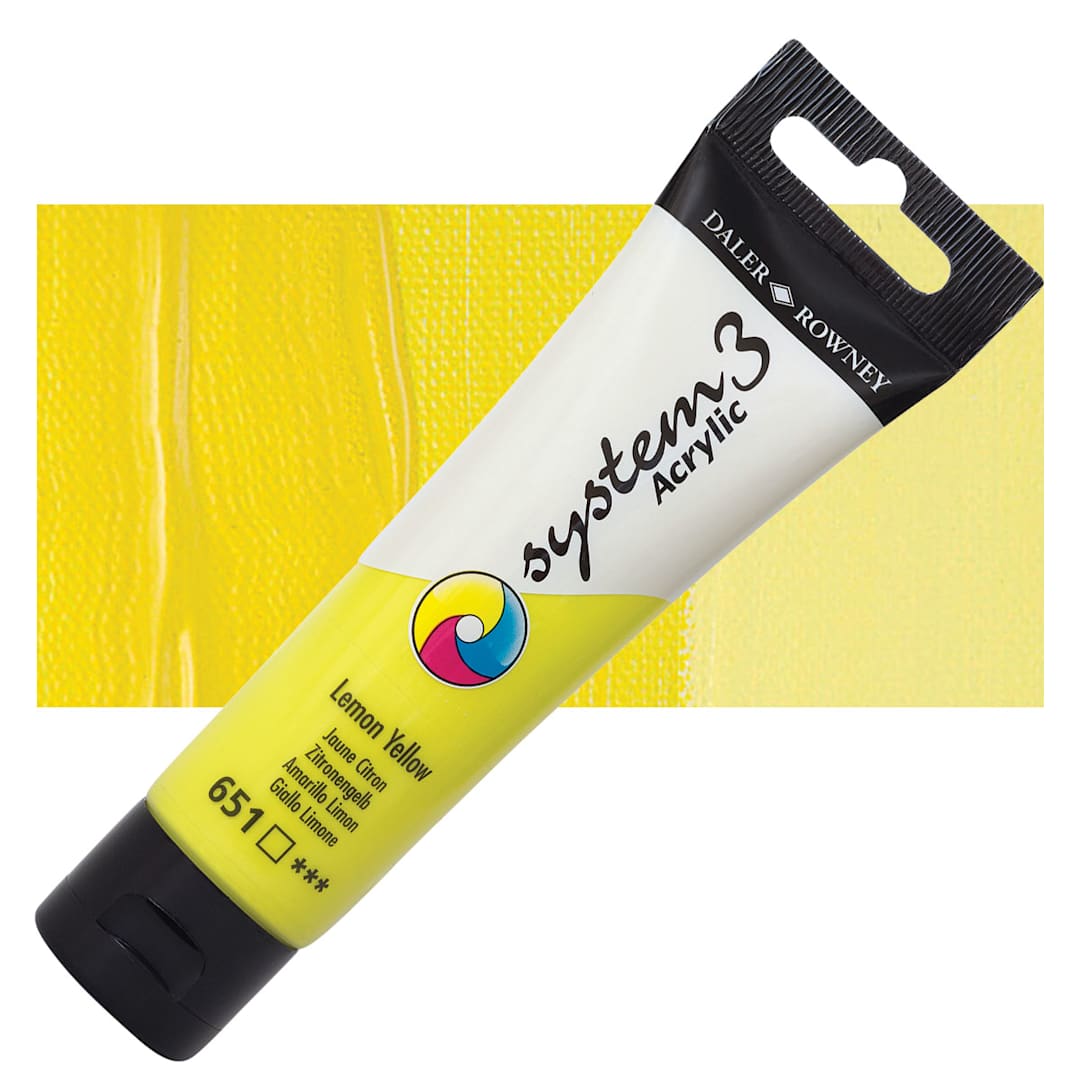 Open in modal - Daler-Rowney System3 Acrylic - Lemon Yellow, 59 ml tube and swatch