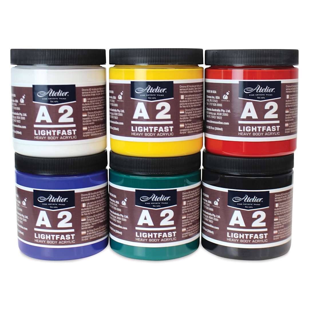 Open in modal - Chroma Atelier A2 Lightfast Heavy Body Acrylic Paints - Set of 6, Assorted Colors, 250 ml Jars