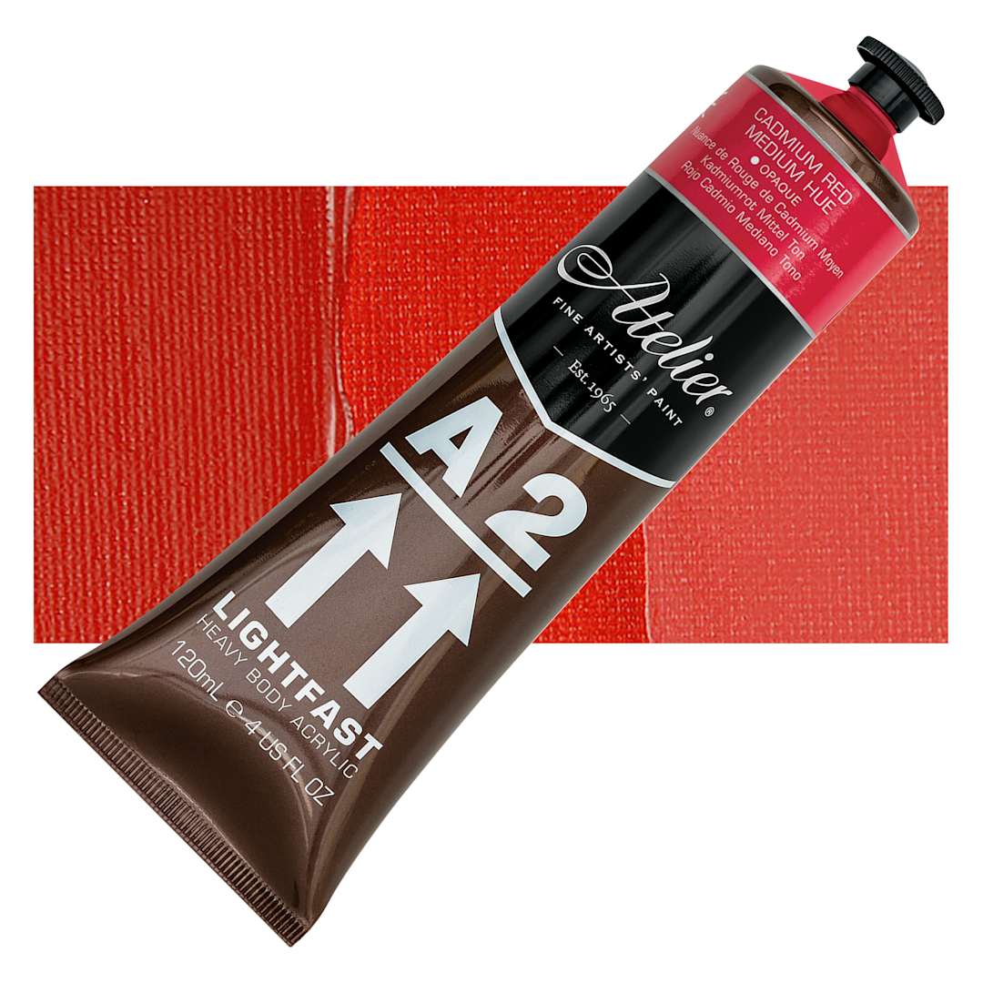 Open in modal - Chroma A2 Student Acrylic - Cadmium Red Medium Hue, 120 ml tube and swatch