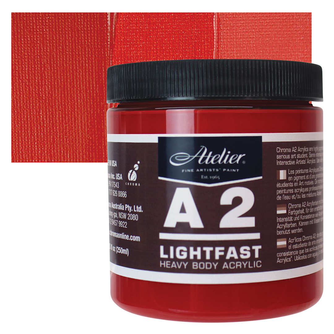 Open in modal - Chroma A2 Student Acrylic - Cadmium Red Medium Hue, 250 ml jar and swatch