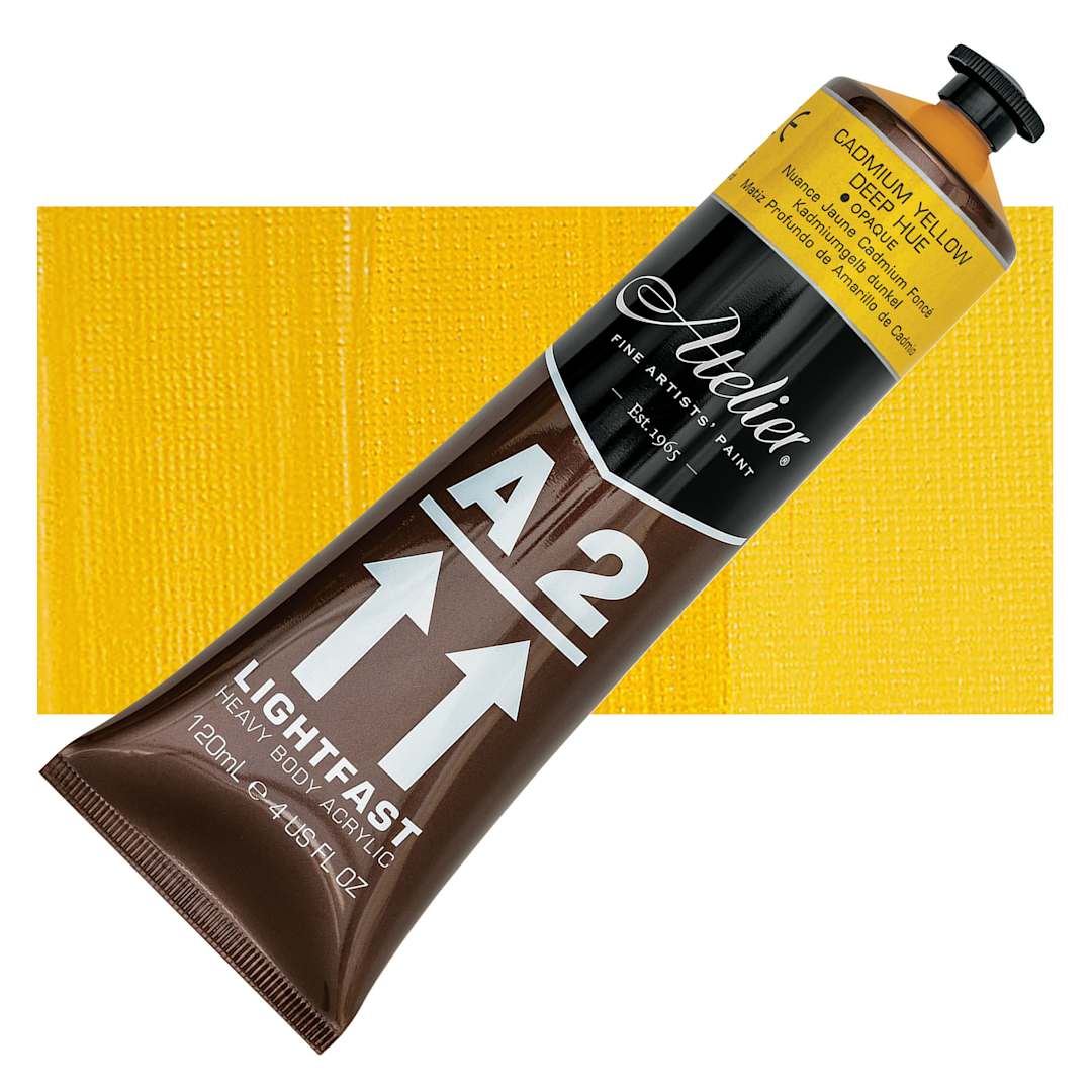 Open in modal - Chroma A2 Student Acrylic - Cadmium Yellow Deep Hue, 120 ml tube and swatch