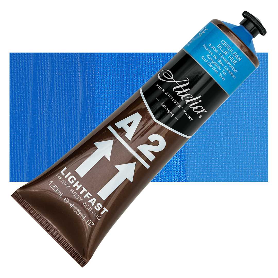 Open in modal - Chroma A2 Student Acrylic - Cerulean Blue Hue, 120 ml tube and swatch