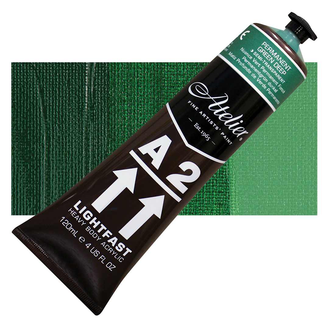 Open in modal - Chroma A2 Student Acrylic - Permanent Green Deep Hue, 120 ml tube and swatch