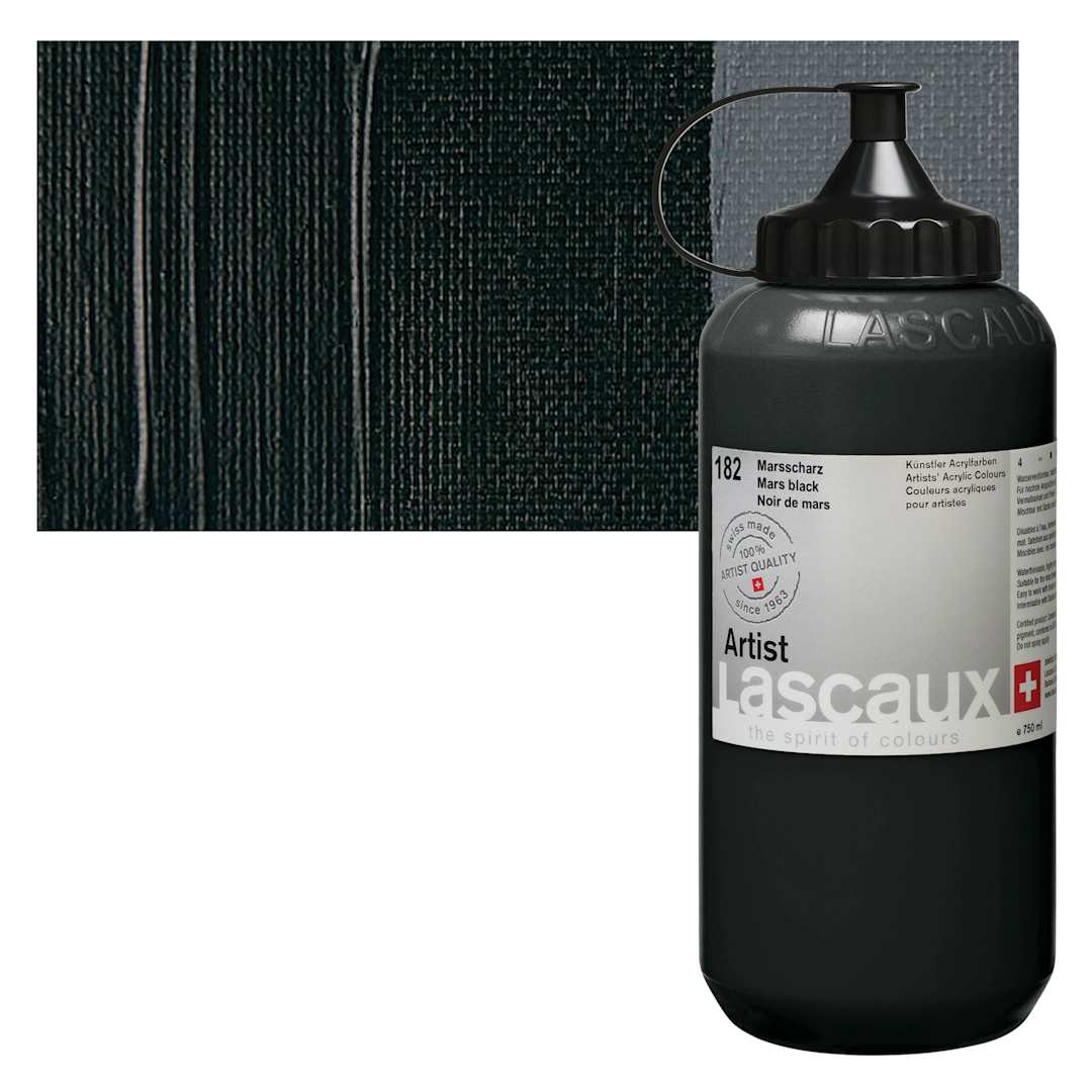 Open in modal - Lascaux Artist Acrylic - Mars Black, 750 ml bottle and swatch