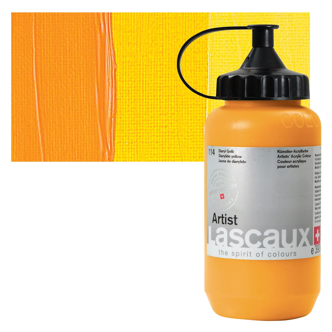 Open in modal - Lascaux Artist Acrylic - Diarylide Yellow, 390 ml Bottle and swatch