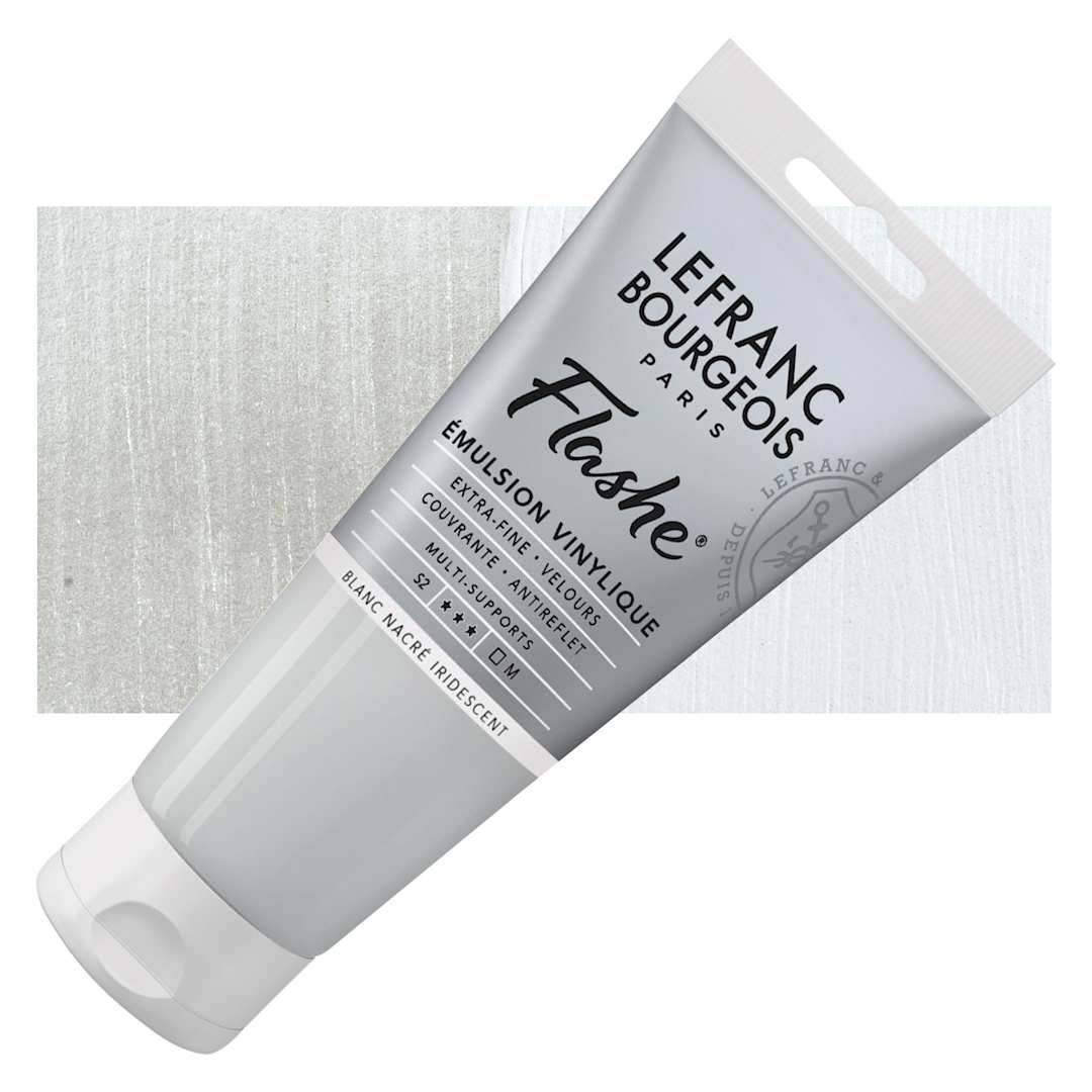 Open in modal - Lefranc & Bourgeois Flashe Vinyl Paint - Iridescent Pearl White, 80 ml tube and swatch