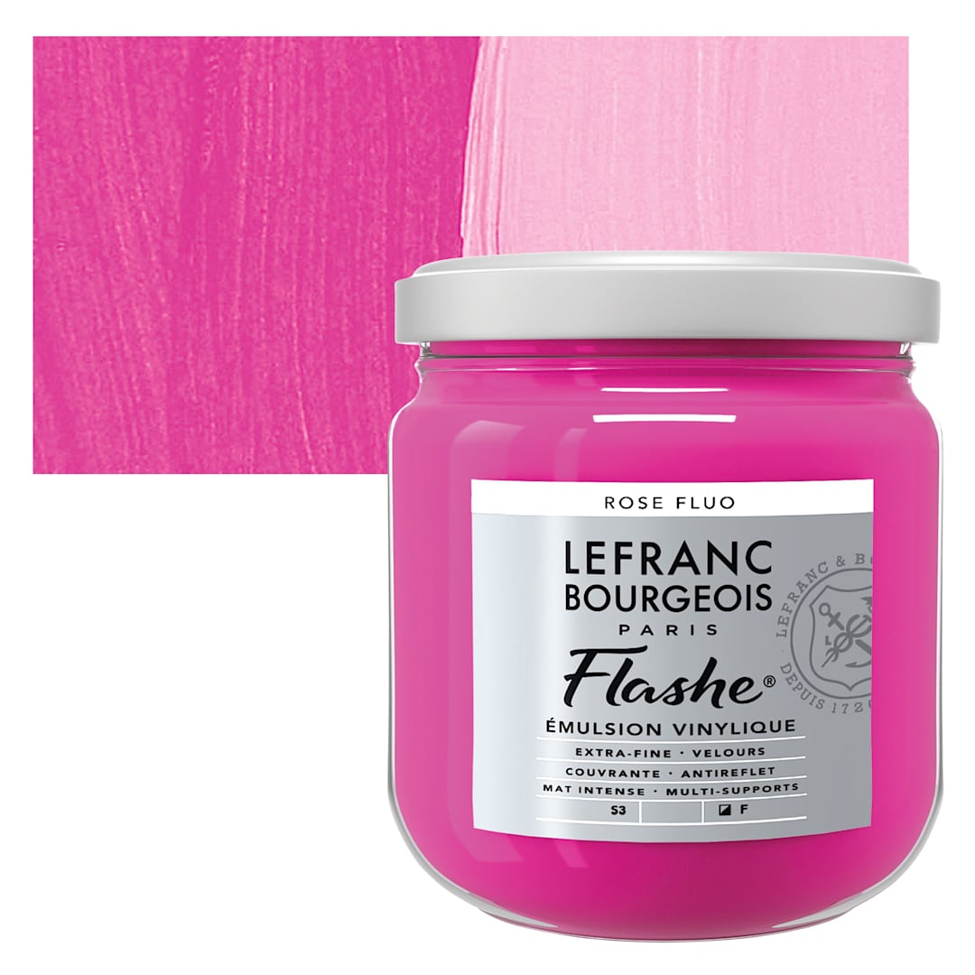 Open in modal - Lefranc & Bourgeois Flashe Vinyl Paint - Fluorescent Pink, 400 ml jar and swatch