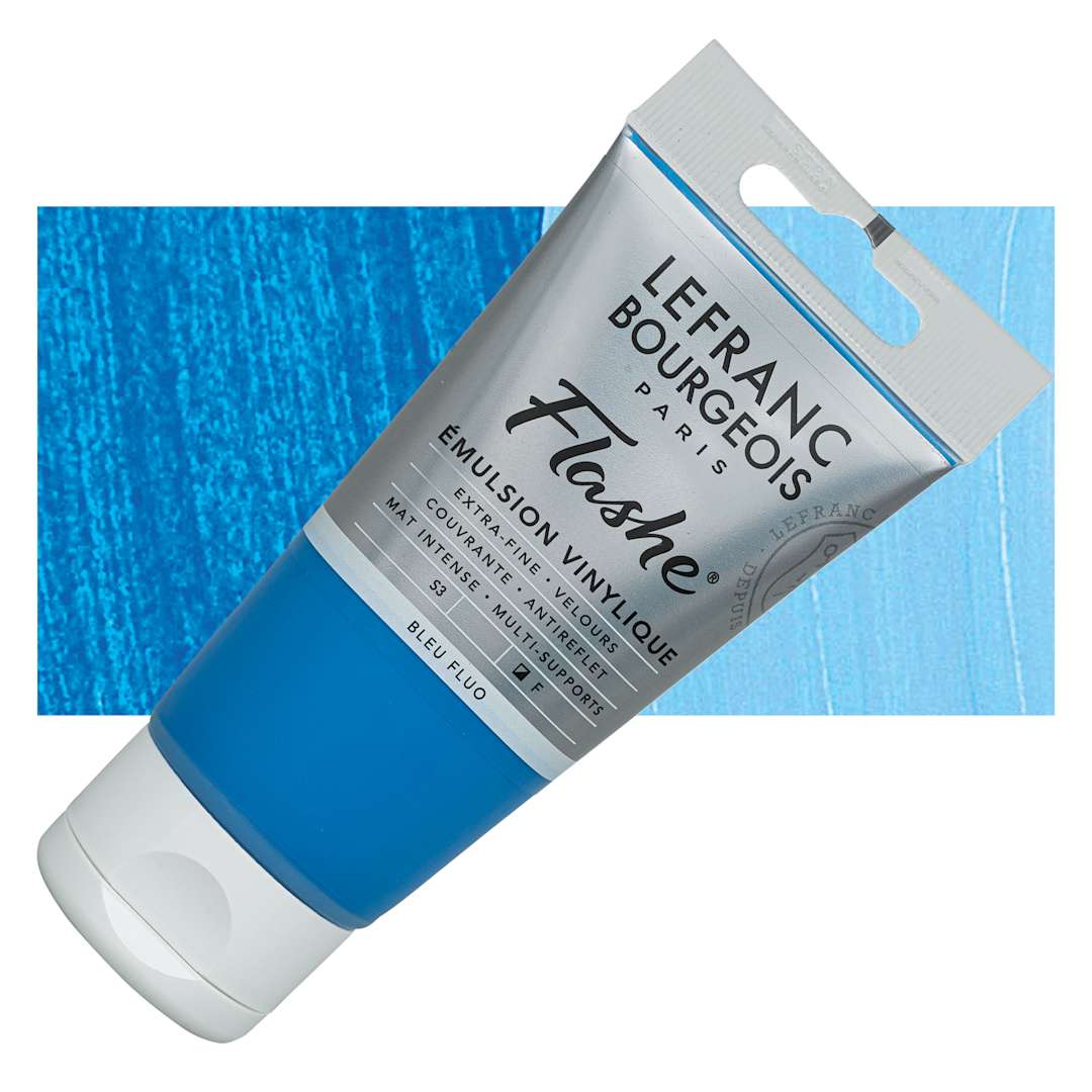 Open in modal - Lefranc & Bourgeois Flashe Vinyl Paint - Fluorescent Blue, 80 ml tube and swatch