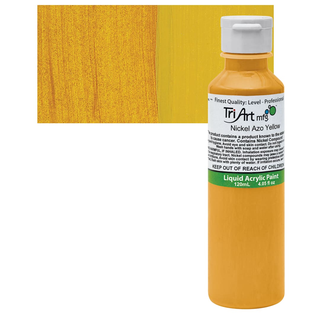 Open in modal - Tri-Art Liquid Artist Acrylic - Nickel Azo Yellow, 120 ml bottle and swatch
