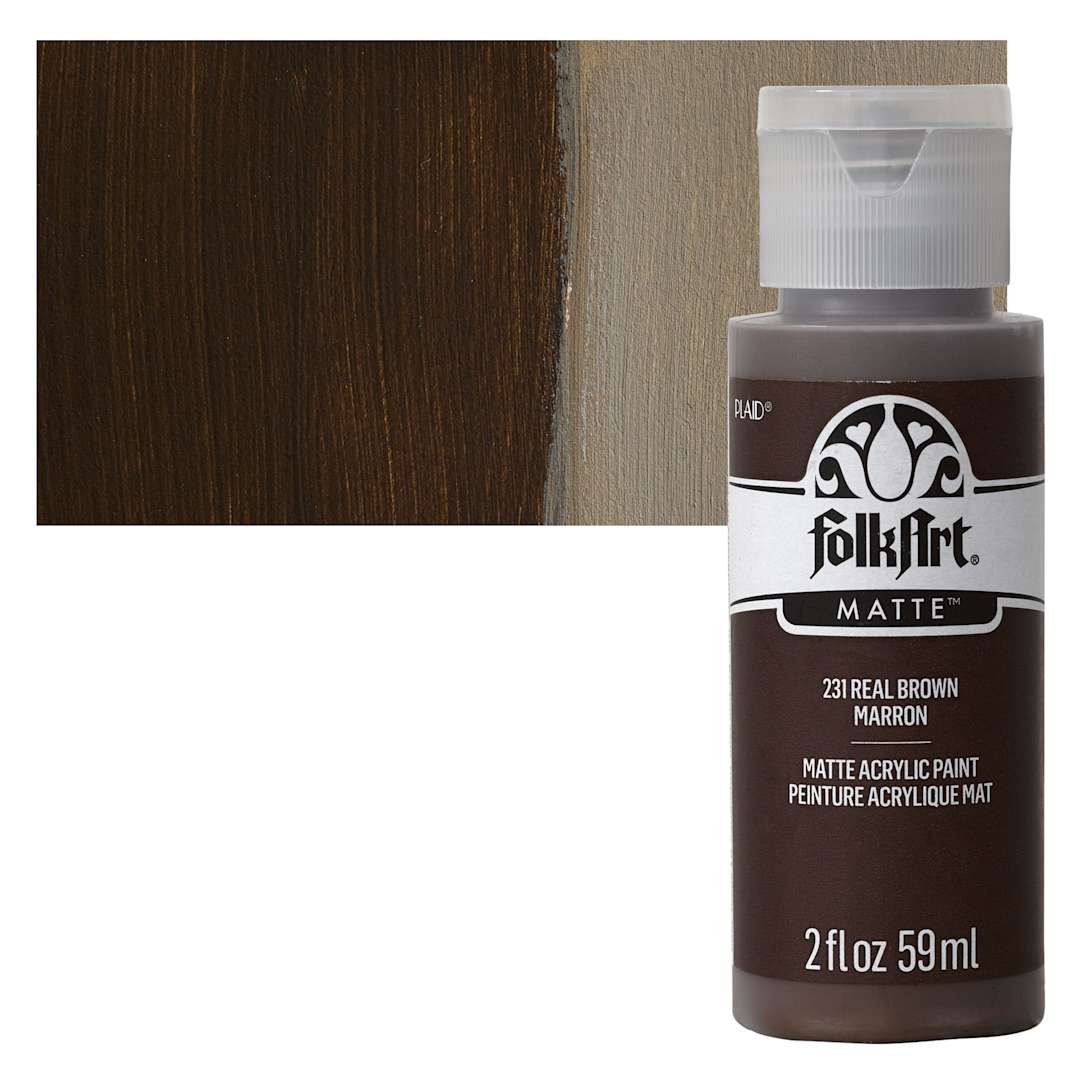 Open in modal - FolkArt Matte Acrylic Paint - Real Brown, 2 oz, Bottle and swatch