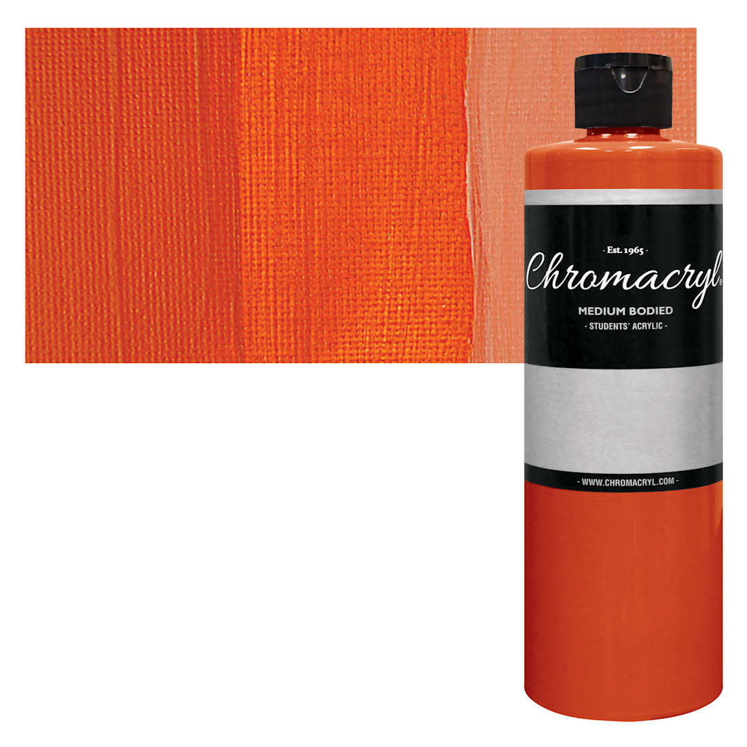 Open in modal - Chromacryl Students' Acrylic - Vermilion, 16 oz bottle and swatch