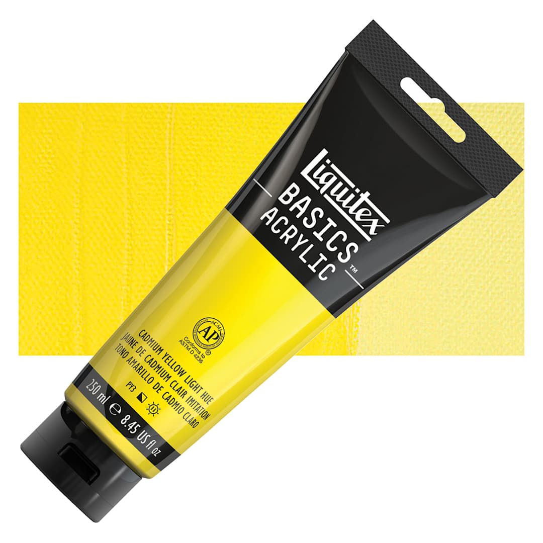 Open in modal - Liquitex Basics Acrylic Paint - Cadmium Yellow Light Hue, 8.5 oz Tube and swatch
