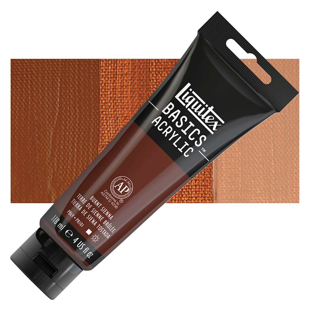 Open in modal - Liquitex Basics Acrylic Paint - Burnt Sienna, 4 oz tube and swatch