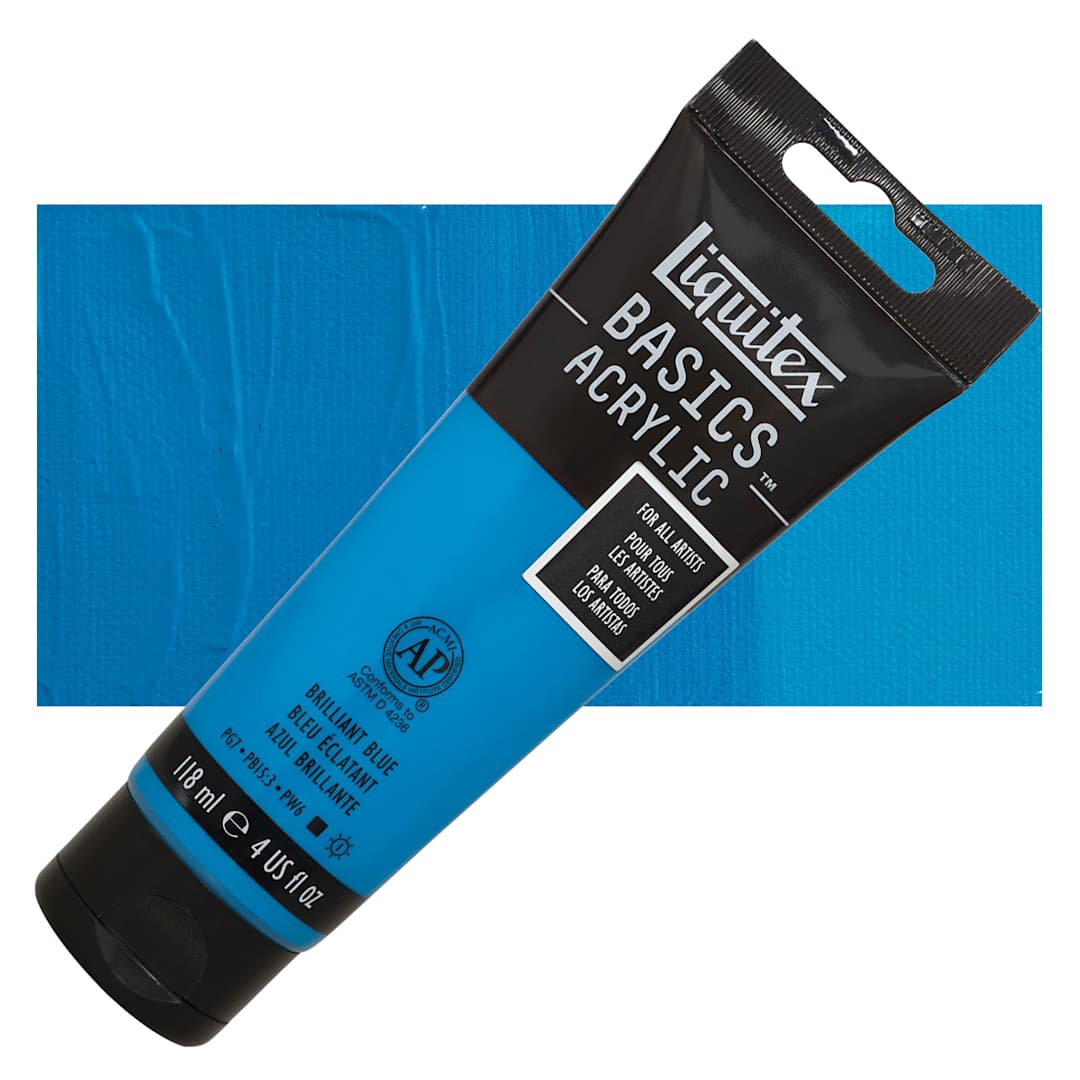 Open in modal - Liquitex Basics Acrylic Paint - Brilliant Blue, 4 oz tube and swatch
