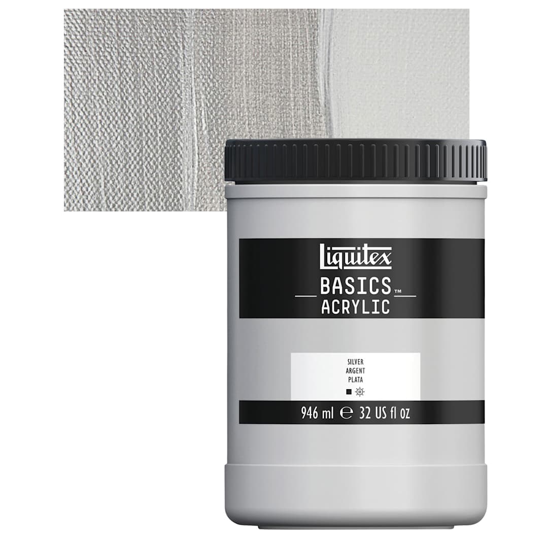Open in modal - Liquitex Basics Acrylic Paint - Silver, 32 oz jar and swatch