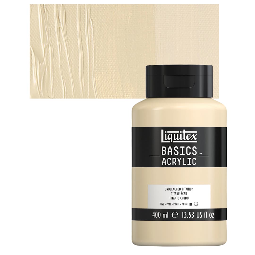 Open in modal - Liquitex Basics Acrylic Paint - Unbleached Titanium, 13.5 oz Bottle and swatch