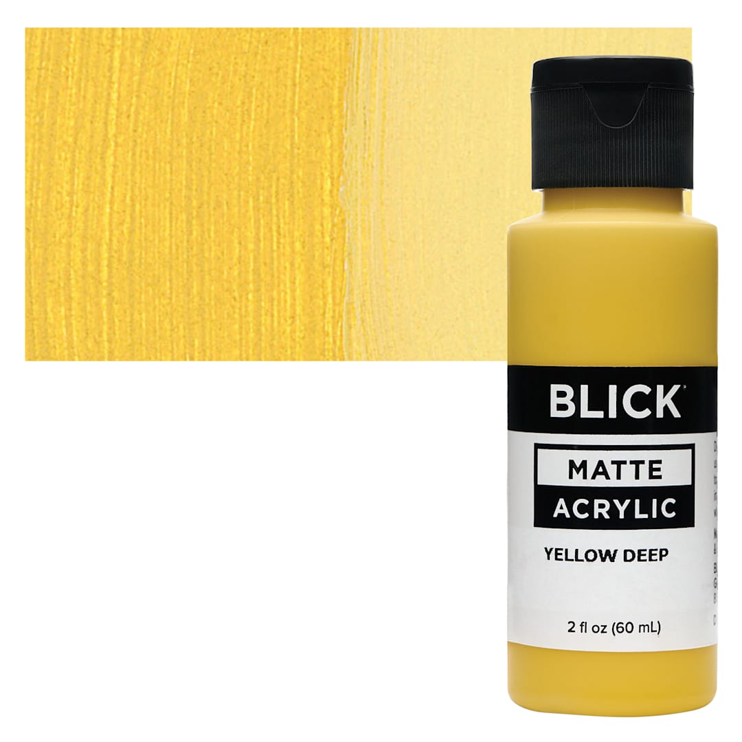 Open in modal - Blick Matte Acrylic - Yellow Deep, 2 oz bottle and swatch