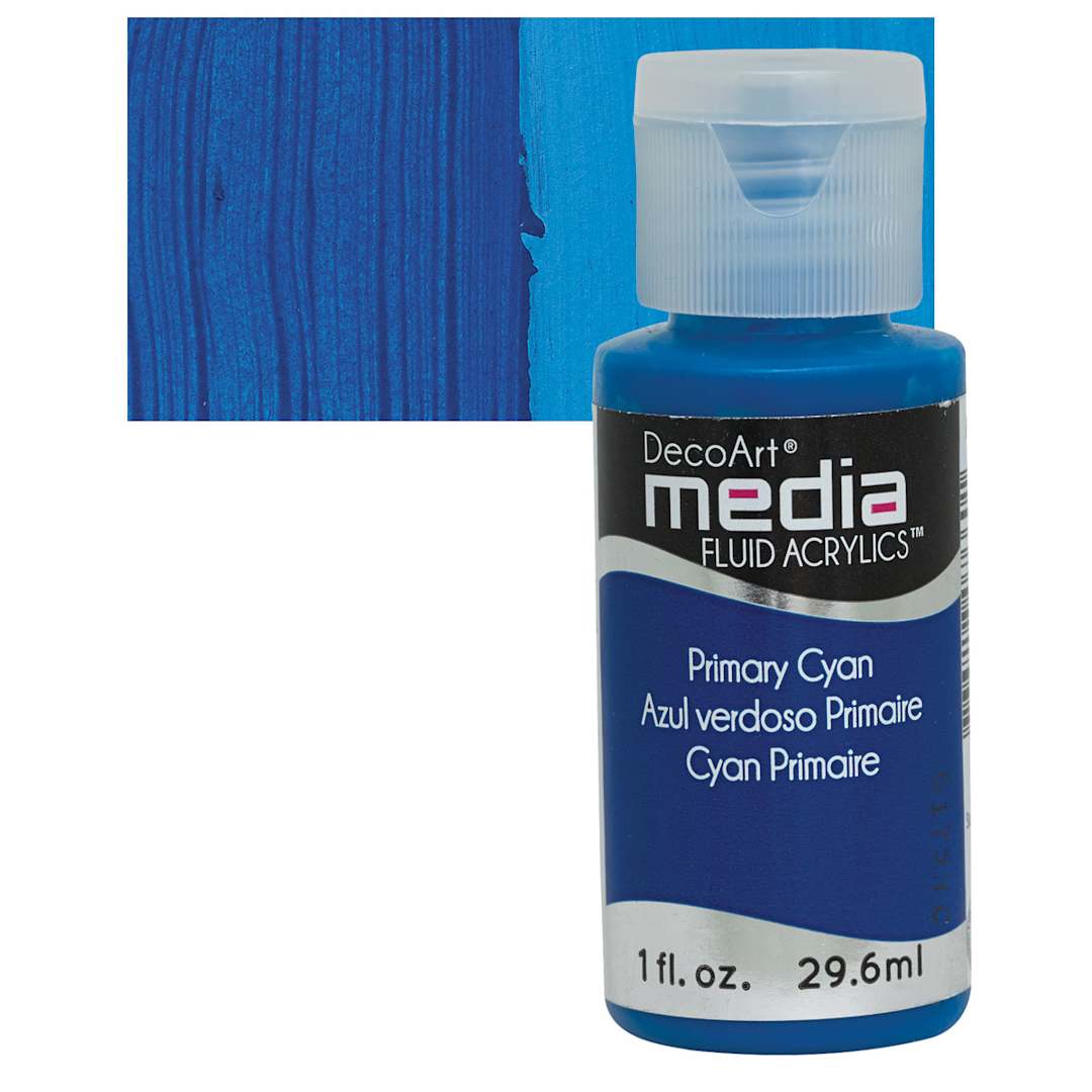 Open in modal - Deco Art Media Fluid Acrylic - Primary Cyan 1 oz Bottle and swatch