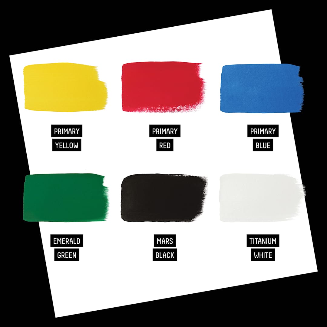 Open in modal - Set content color list. Primary Yellow, Primary Red, Primary Blue, Emerald Green, Mars Black, Titanium White.