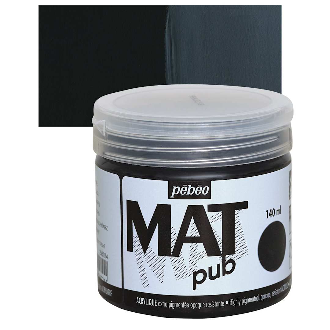 Open in modal - Pebeo Mat Pub Acrylic Paint - Ivory Black, 140 ml jar and swatch