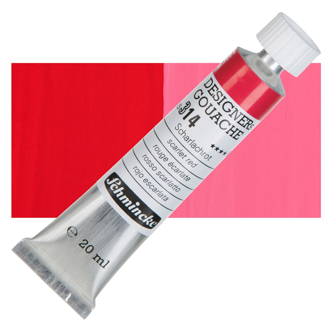 Open in modal - Schmincke Designers Gouache - Scarlet Red, 20 ml Tube and swatch