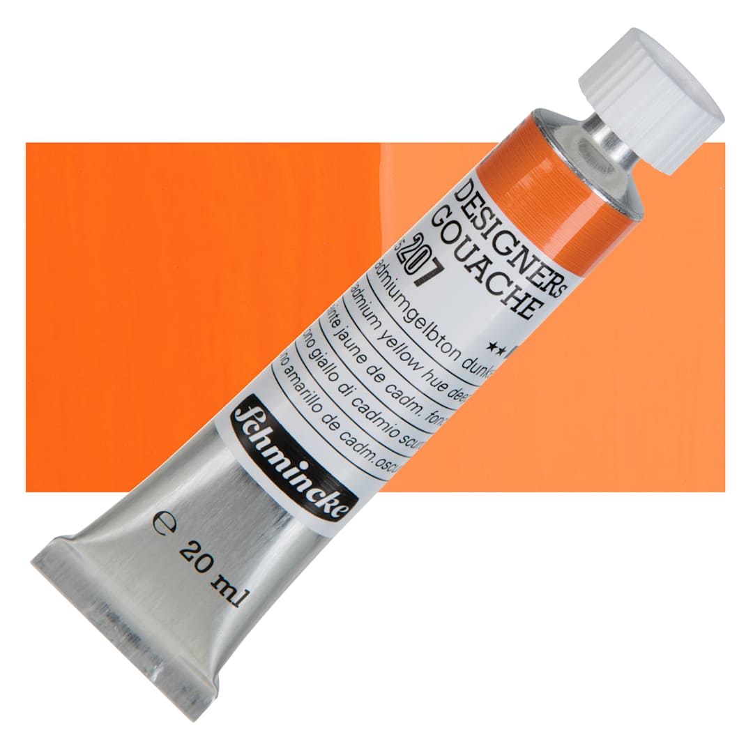 Open in modal - Schmincke Designers Gouache - Cadmium Yellow Hue Deep, 20 ml Tube and swatch