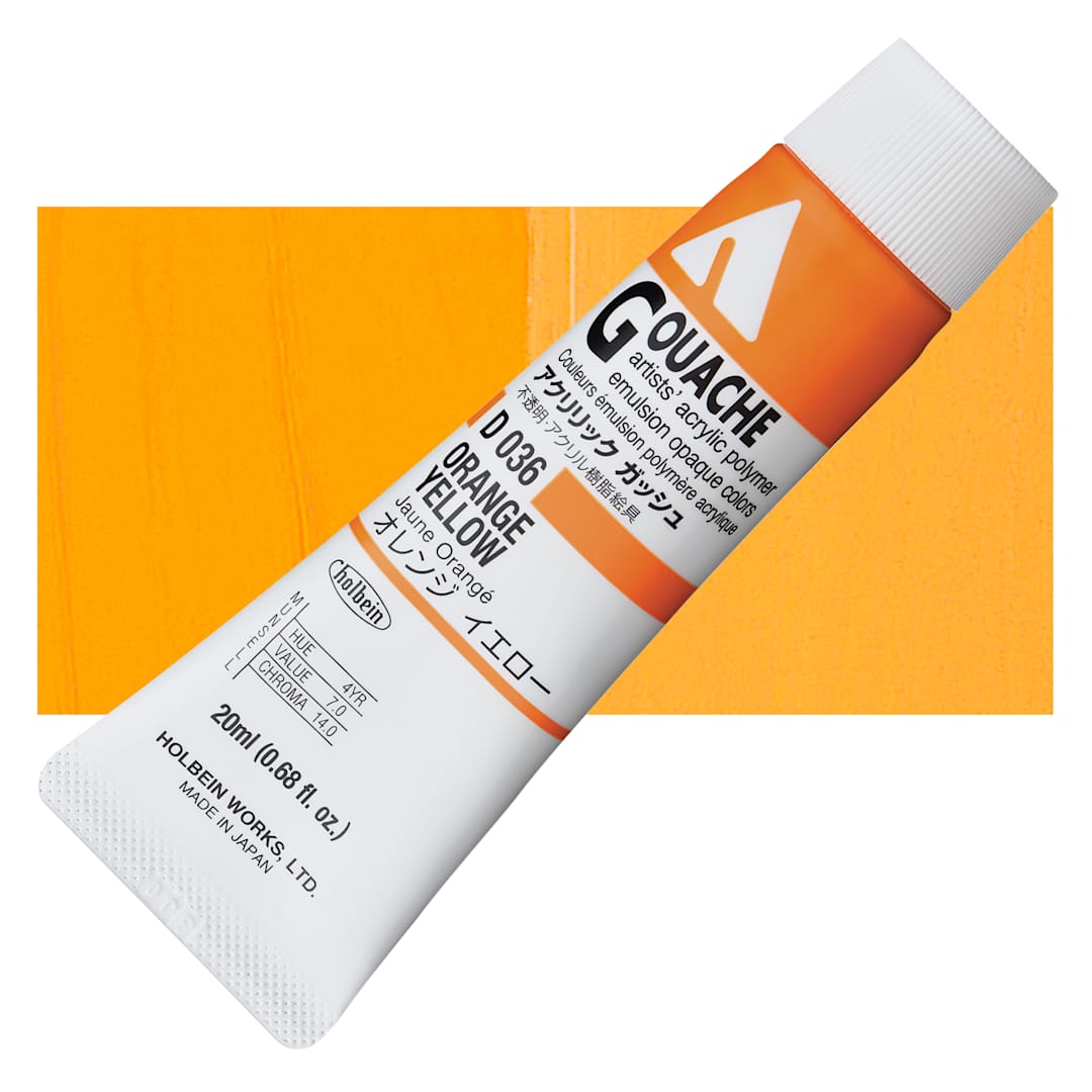 Open in modal - Holbein Acrylic Gouache - Orange Yellow, 20 ml tube and swatch