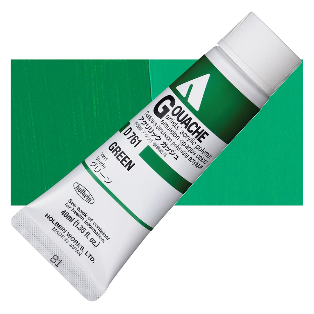Open in modal - Holbein Acrylic Gouache - Green, 40 ml tube and swatch