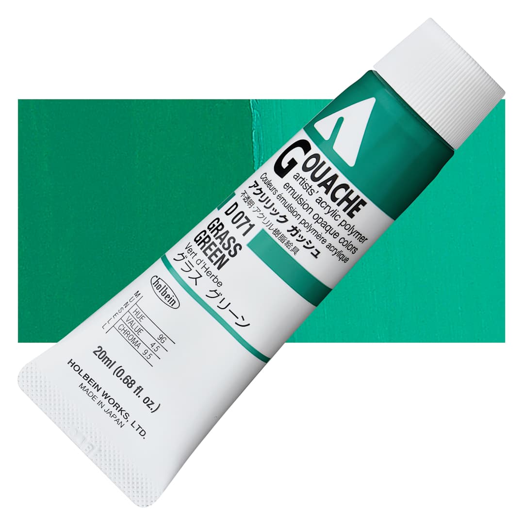 Open in modal - Holbein Acrylic Gouache - Grass Green, 20 ml tube and swatch