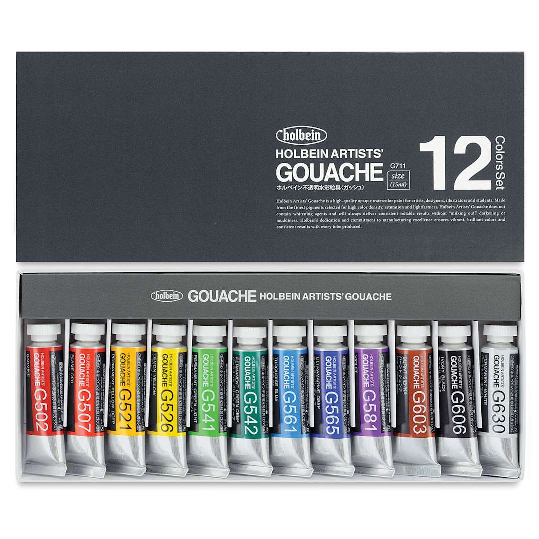 Open in modal - Holbein Artists' Gouache - Set of 12 assorted colors, 15 ml tubes. Inner tray of tubes, lid above.