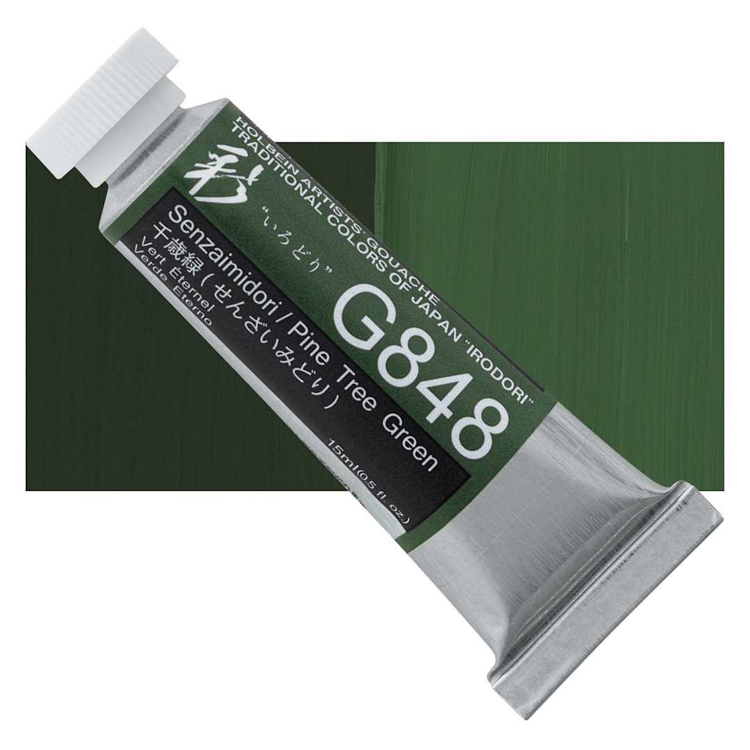Open in modal - Holbein Irodori Artist Gouache - Pine Tree Green, 15 ml, Tube and swatch
