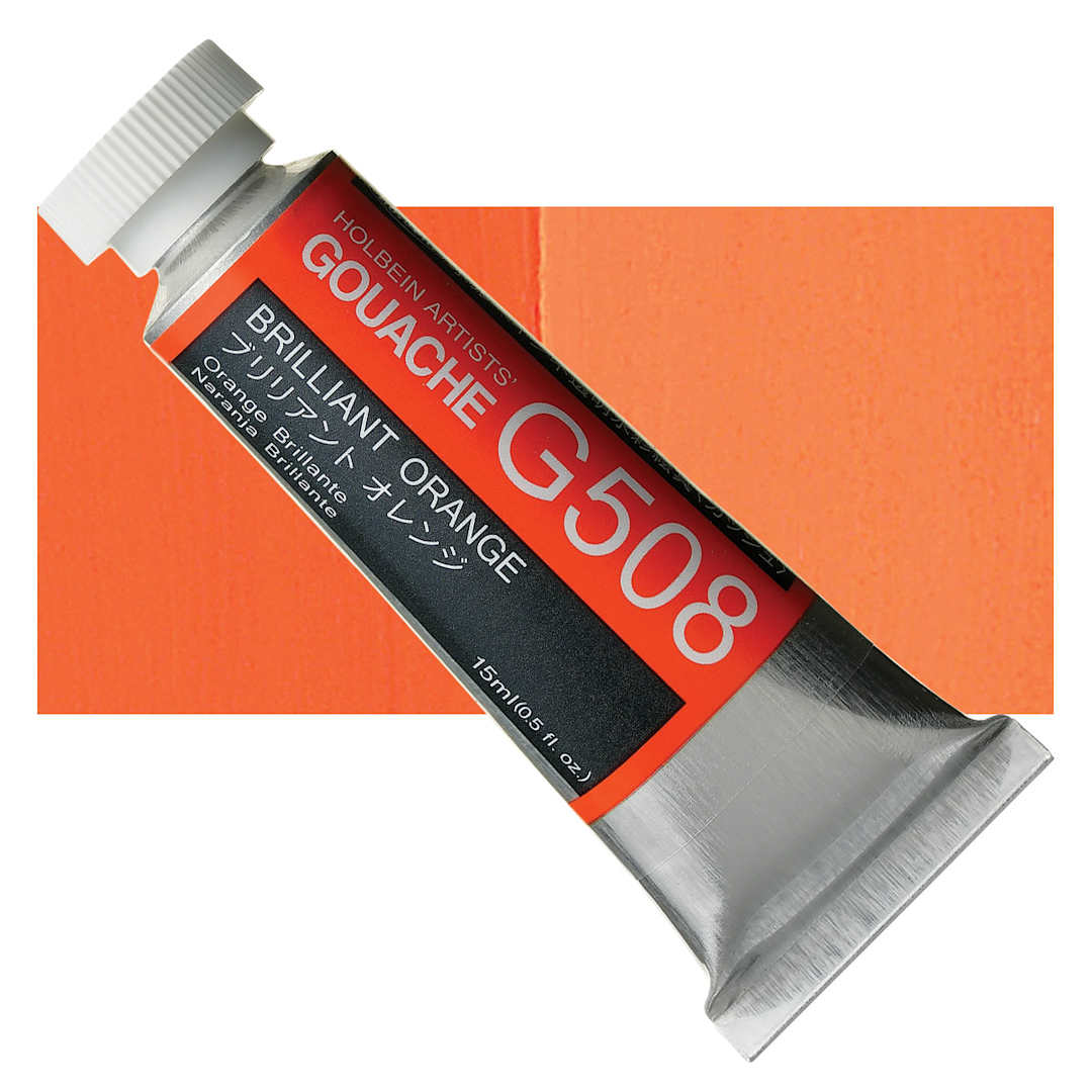 Open in modal - Holbein Artists' Gouache - Brilliant Orange, 15 ml tube and swatch