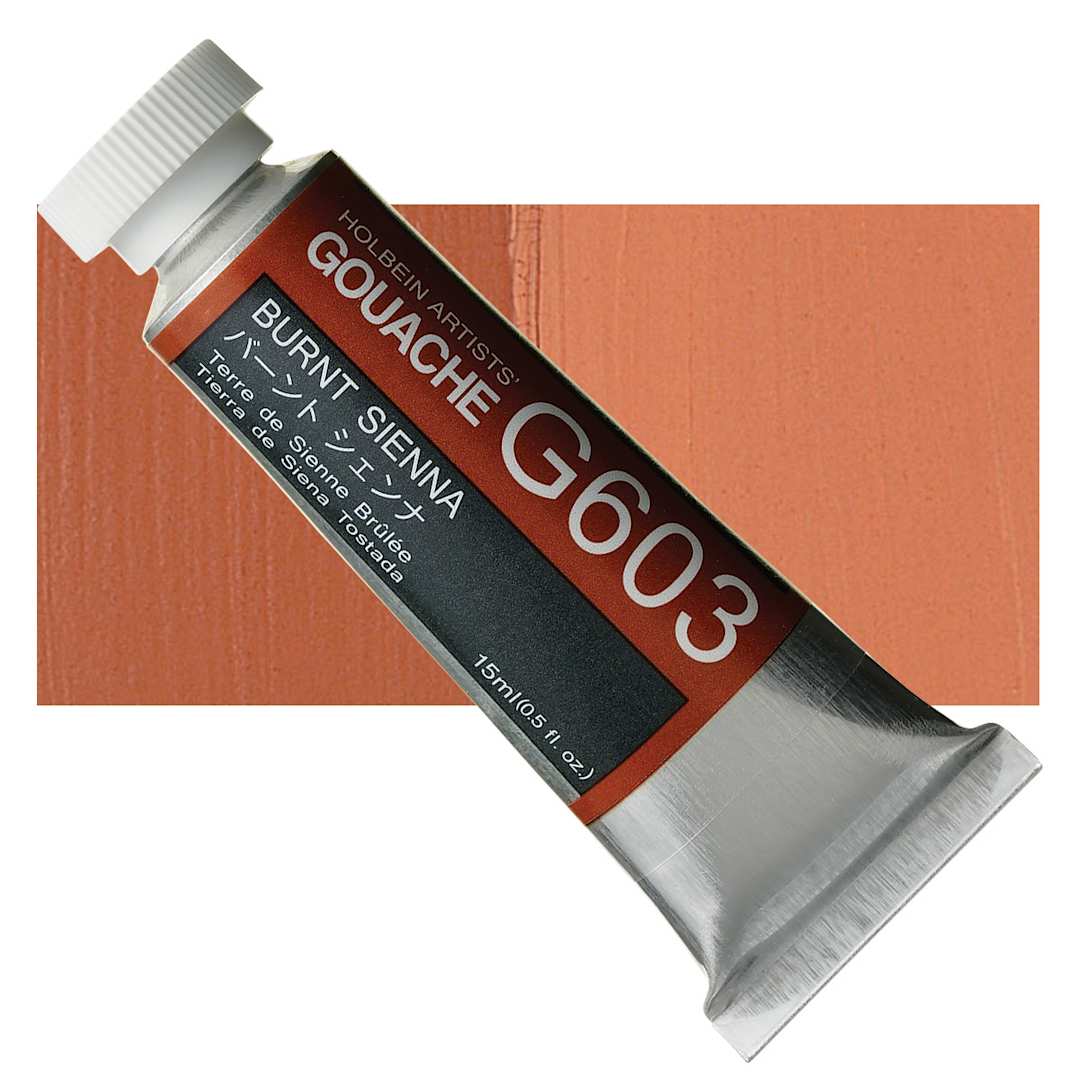 Open in modal - Holbein Artists' Gouache - Burnt Sienna, 15 ml tube and swatch