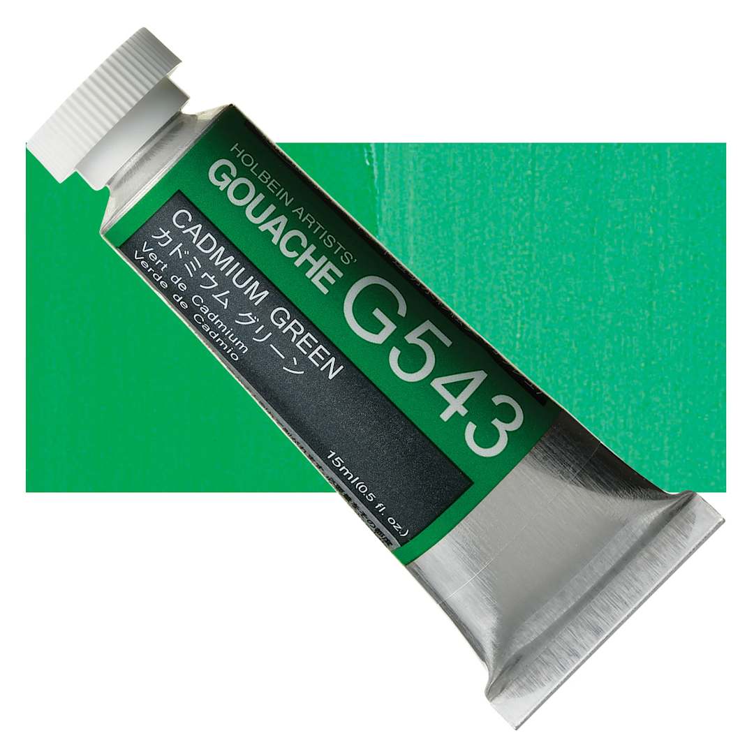 Open in modal - Holbein Artists' Gouache - Cadmium Green, 15 ml tube and swatch