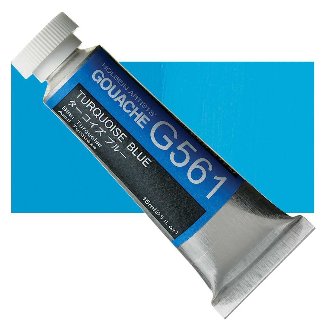 Open in modal - Holbein Artists' Gouache - Turquoise Blue, 15 ml tube and swatch