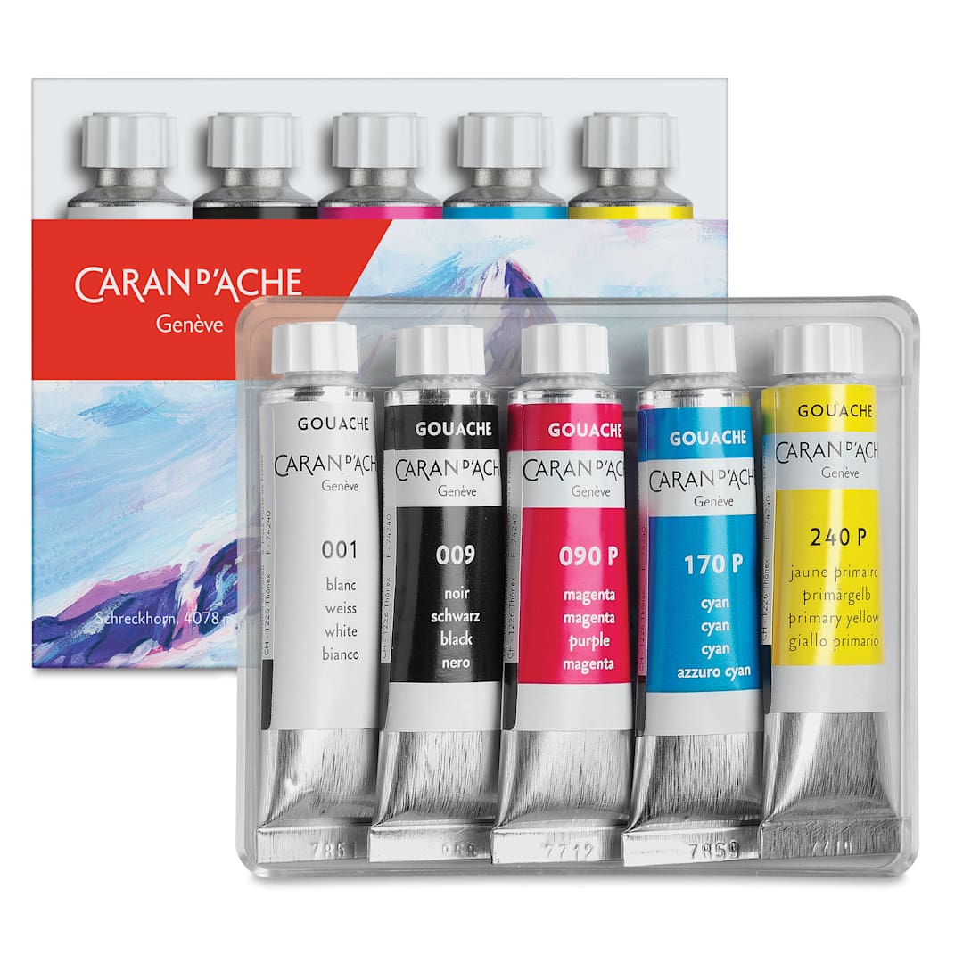 Open in modal - Caran d'Ache Gouache Studio Set - Set of 5 Tubes, packaging and contents