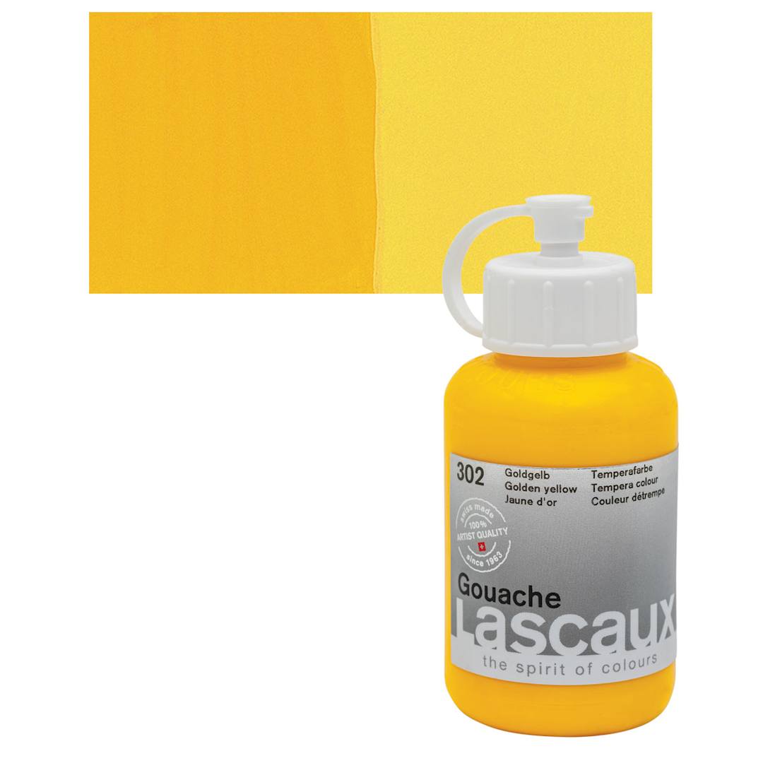 Open in modal - Lascaux Acrylic Gouache - Golden Yellow, 85 ml bottle and swatch
