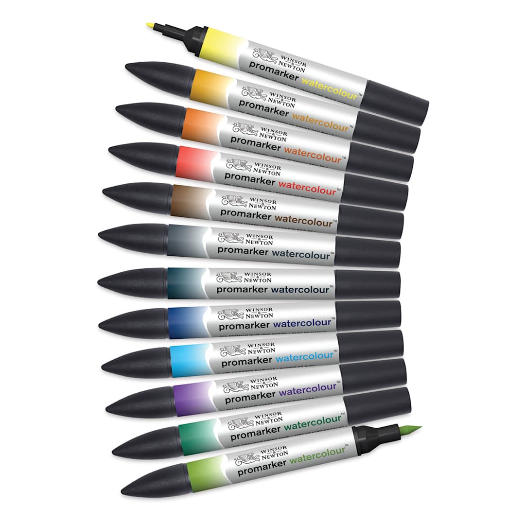 Open in modal - Promarker Watercolor Marker Sets - 12 pc set of Landscape colors, horizontally with two caps removed