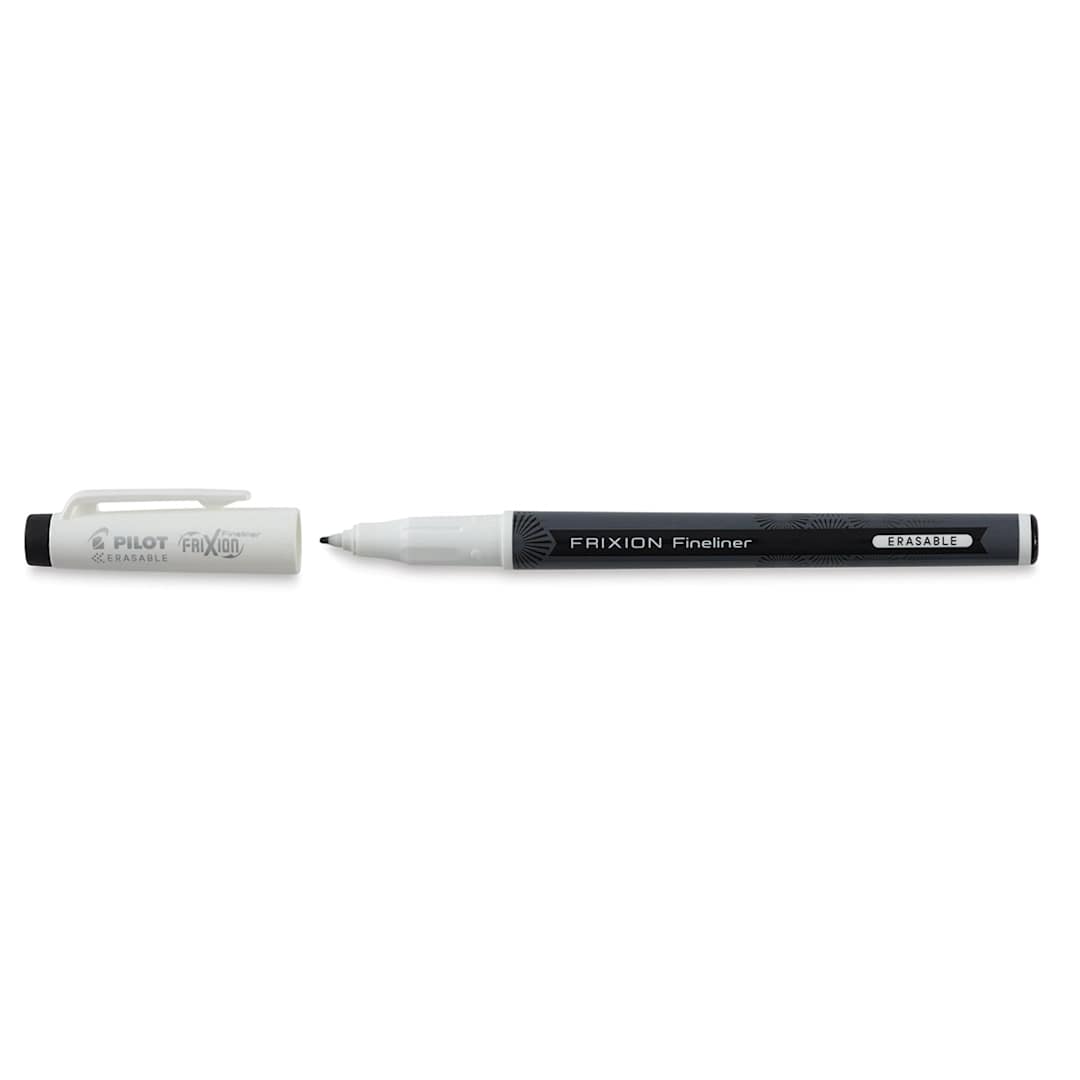 Open in modal - Pilot FriXion Fineliner Erasable Marker Pens - Black pen shown horizontally and uncapped
