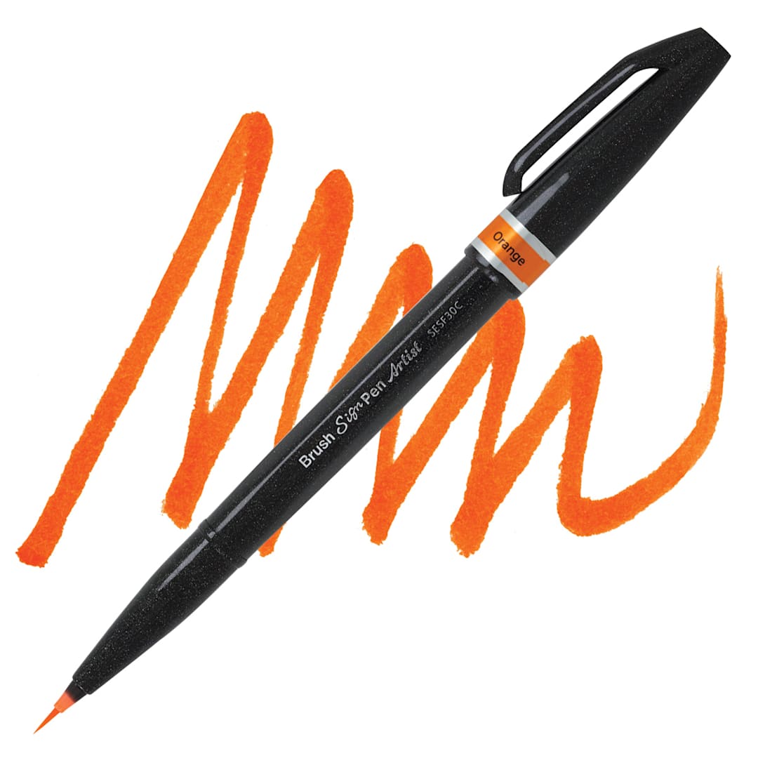 Open in modal - Pentel Arts Micro Brush Tip Sign Pen - Orange pen and swatch