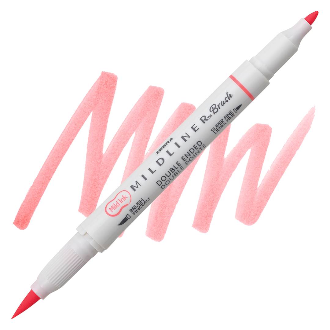 Open in modal - Zebra Mildliner Double Ended Brush Pen - Coral Pink, swatch and pen