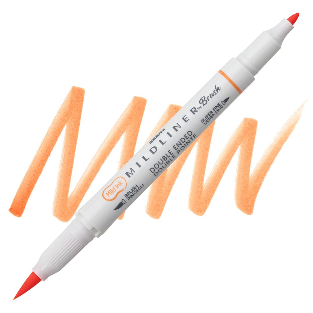 Open in modal - Zebra Mildliner Double Ended Brush Pen - Apricot, swatch and marker