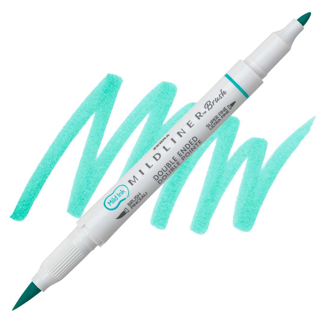 Open in modal - Zebra Mildliner Double Ended Brush Pen - Summer Green, swatch and pen