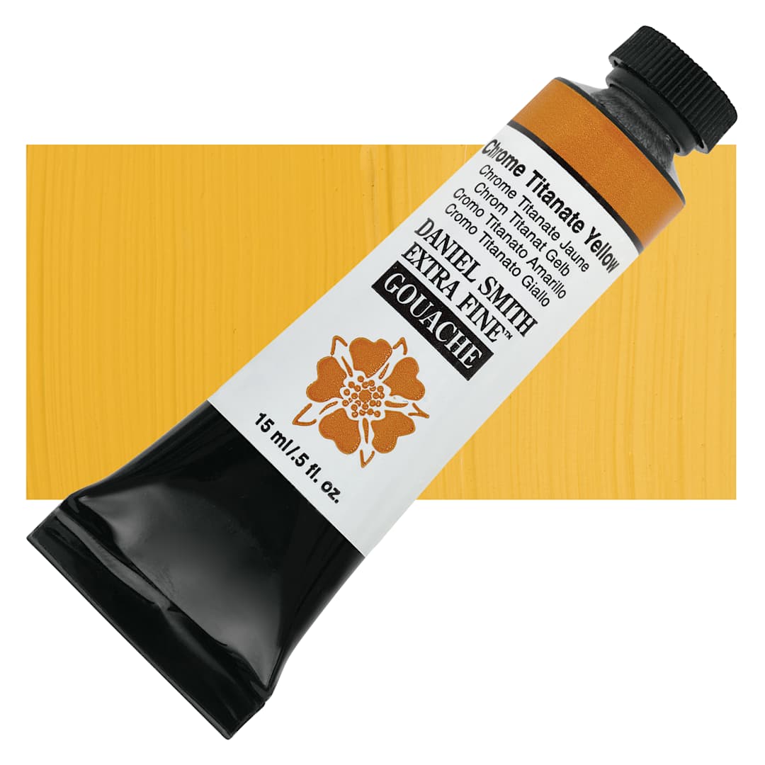 Open in modal - Daniel Smith Extra Fine Gouache - Chrome Titanate Yellow, 15 ml Tube and swatch