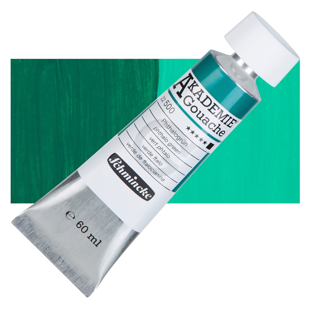 Open in modal - Schmincke Akademie Gouache Paint - Phthalo Green, 60 ml Tube and Swatch
