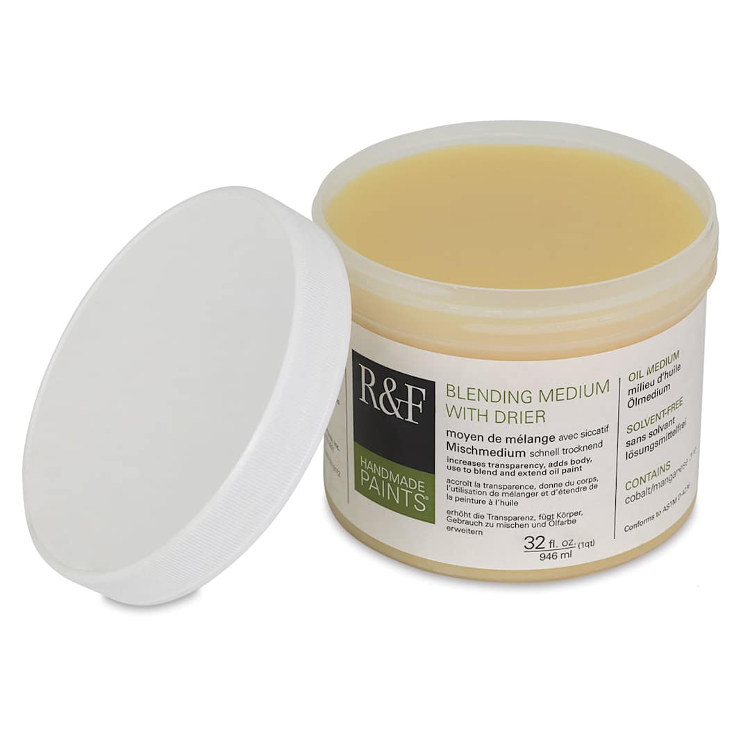 Open in modal - R&F Oil Blending Mediums - Front of 32 oz jar of Blending medium with drier open with lid adjacent