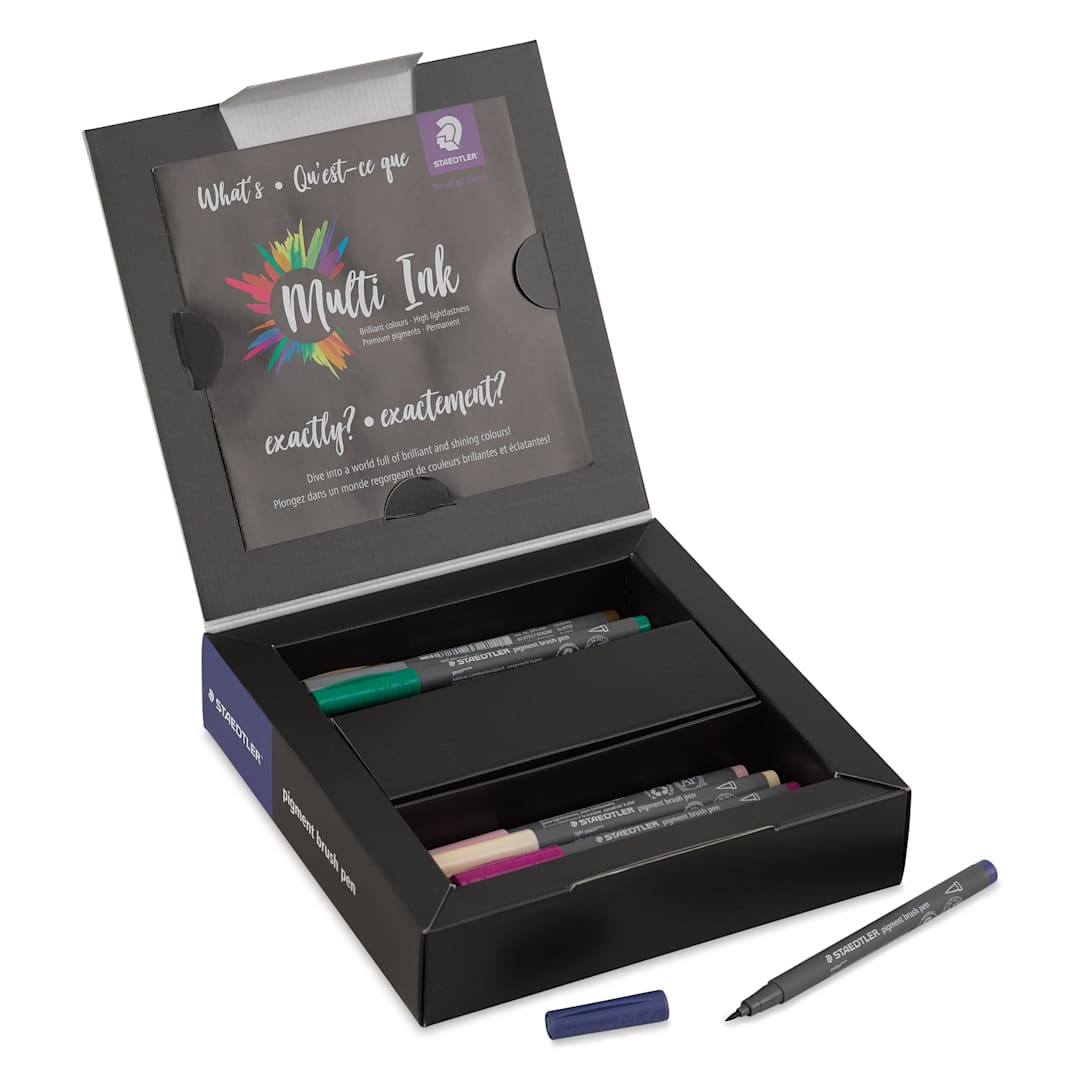 Open in modal - Staedtler Pigment Arts Brush Pens - Assorted Colors A, Set of 24, lid open and pen laid out