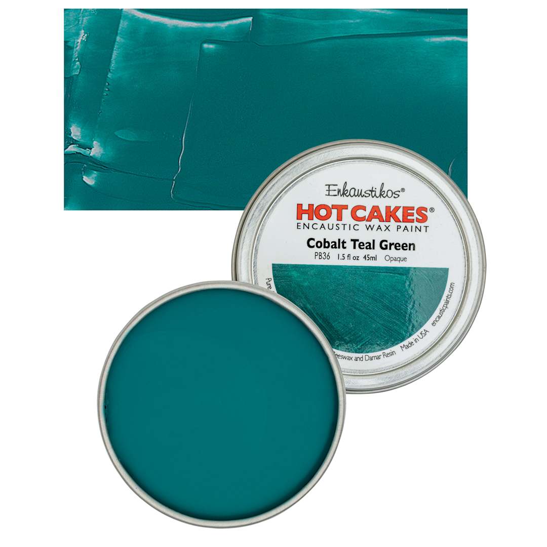 Open in modal - Enkaustikos Hot Cakes Encaustic Wax Paint - Cobalt Teal Green, 45 ml tin and swatch