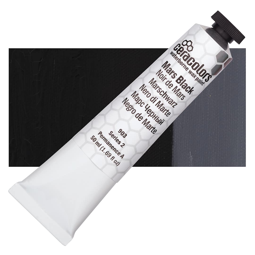 Open in modal - Ceracolors Waterborne Wax Paint - Mars Black, 50 ml Tube and Swatch